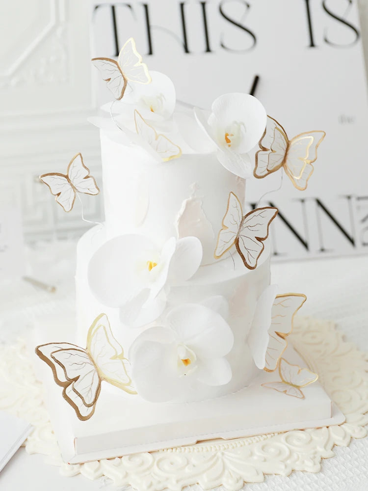 White Golden Butterfly Flower Cake Decoration Happy Birthday Cake Topper Handmade Painted For Wedding Birthday Party Baby Shower