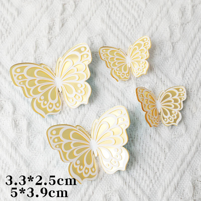 White Golden Butterfly Flower Cake Decoration Happy Birthday Cake Topper Handmade Painted For Wedding Birthday Party Baby Shower