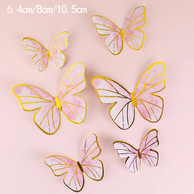 White Golden Butterfly Flower Cake Decoration Happy Birthday Cake Topper Handmade Painted For Wedding Birthday Party Baby Shower