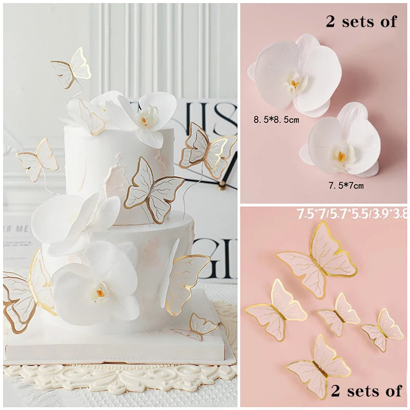 White Golden Butterfly Flower Cake Decoration Happy Birthday Cake Topper Handmade Painted For Wedding Birthday Party Baby Shower